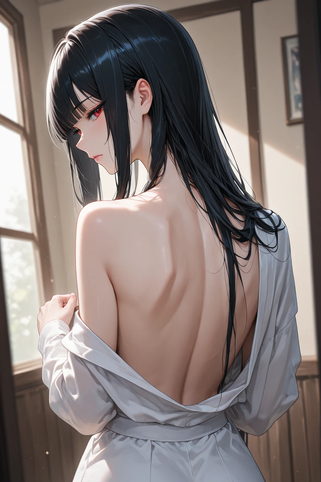 (best quality,4k,8k,highres,masterpiece:1.2),ultra-detailed,(realistic,photorealistic,photo-realistic:1.37),goth girl with black hair covering eyes laying on bed, naked body in butt view,emo aesthetic,dramatic lighting,moody atmosphere,muted color palette,dark and mysterious