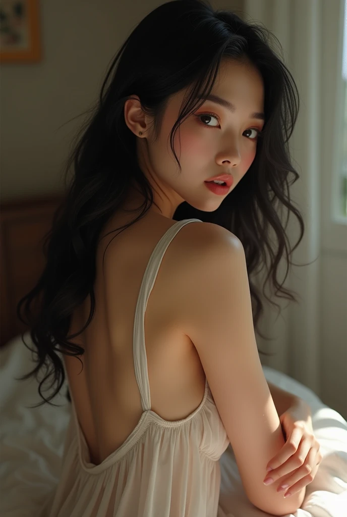 Beautiful young Japanese girl,black hair tied in a ponytail,ideal plump body, wearing a silver necklace,wearing a short white lace sexy dress,lying on the bed