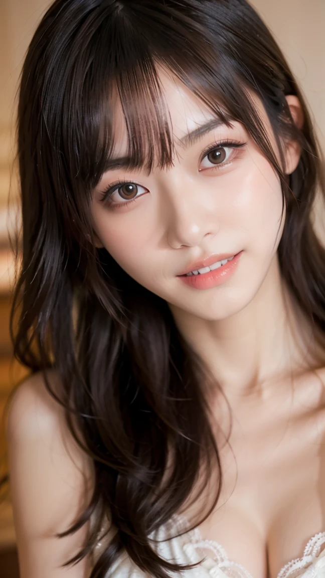 (Highest quality、Cowboy Shot、8k、Best image quality、Award-winning works)、(Japanese)、1 cute girl、(Perfect V-neck long knit summer sweater:1.3)、Red eyeshadow、Perfect Makeup、Long eyelashes、Ultra HD Shining Eyes、Ultra HD Hair、Glossy lipstick、Ultra-high resolution glossy lips、Super high resolution beautiful face、Brown Hair、Big Breasts、Cleavage、Accurate anatomy、(Face close-up:1.4)、Luxury Love Hotel、(The most atmospheric and warm lighting:1.1)、(Strongly blurred luxury love hotel background:1.2)