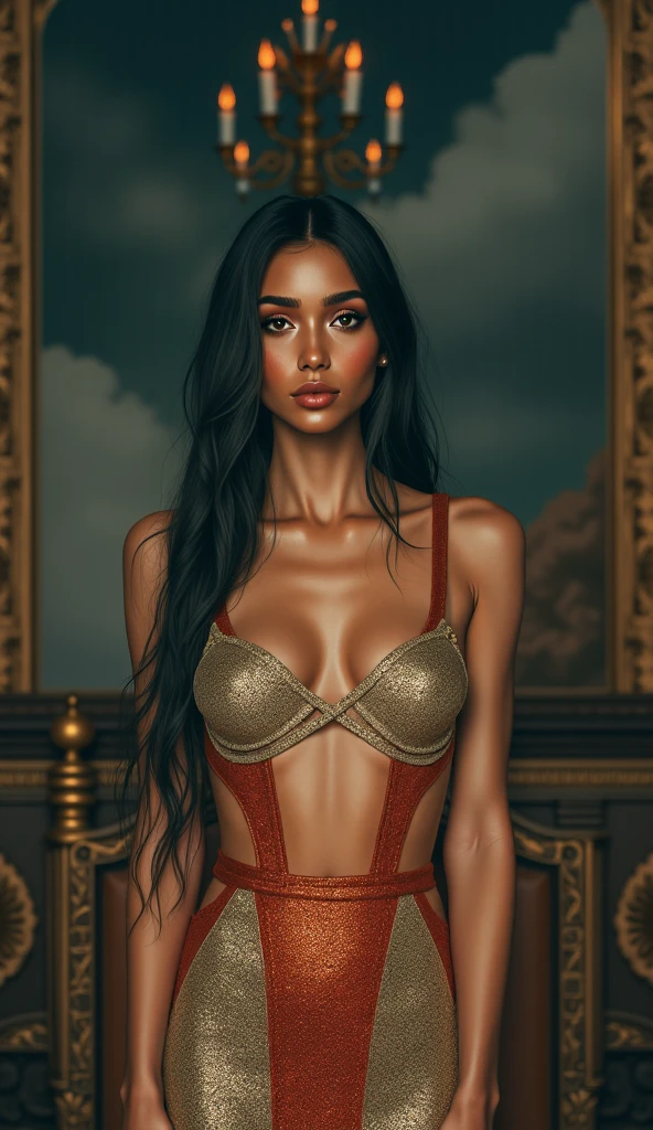 Beautiful young African woman、Desert Goddess、Incredibly gorgeouuscular、6 Pack Abs、Flowing, revealing outfits、Glamorous Jewelry、Sand-covered landscape、Fantasy、Ethereal、dream-like、Dramatic lighting、Bright colors、Exquisite detail、(highest quality、4k、8k、High resolution、masterpiece:1.2)、Super detailed、(Real、Photorealistic、Photorealistic:1.37)、Bright colors、HDR、Studio Lighting、Physically Based Rendering、Concept Art