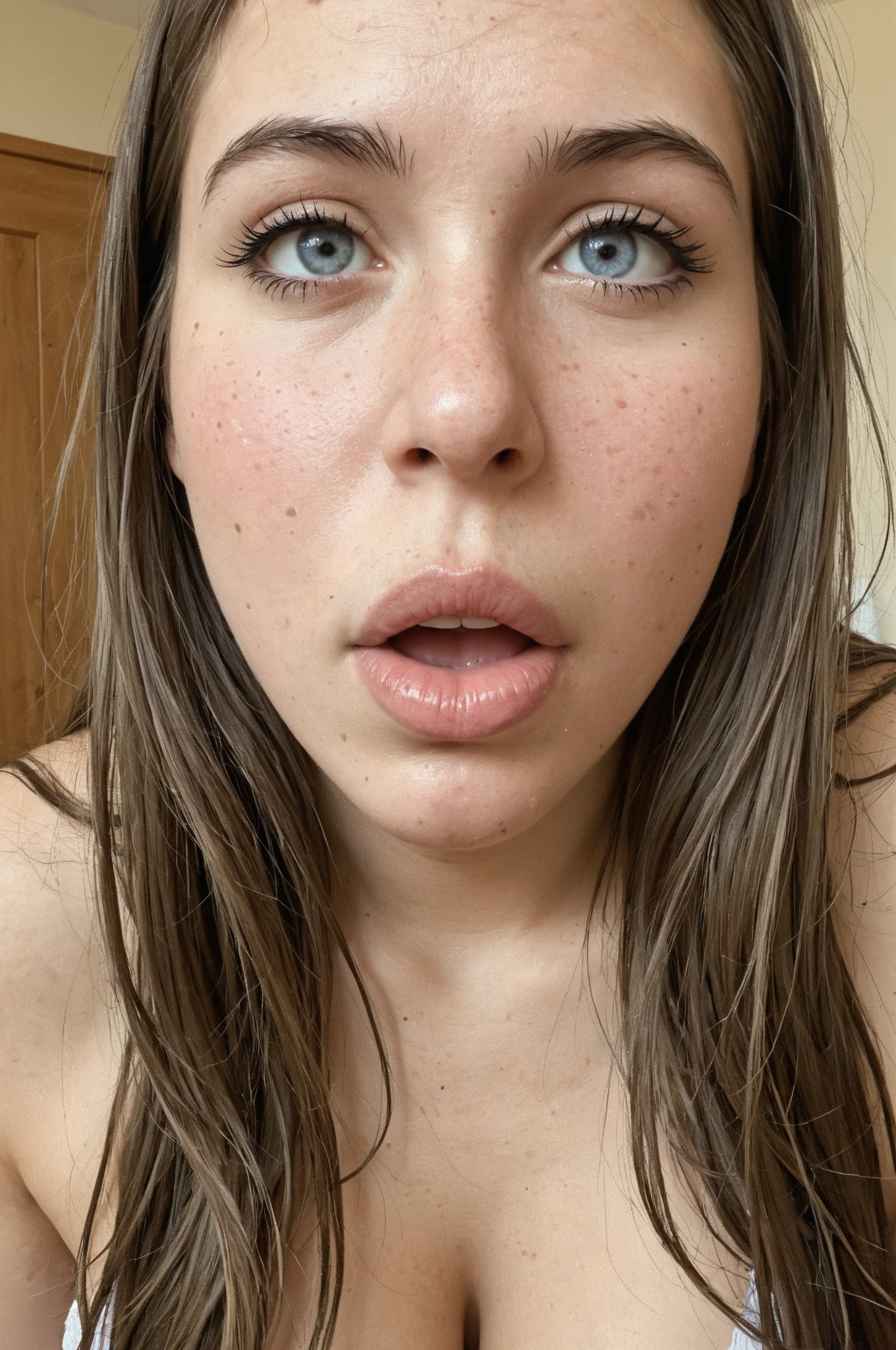 25 yo crawling nude girl sneezing, bottom view