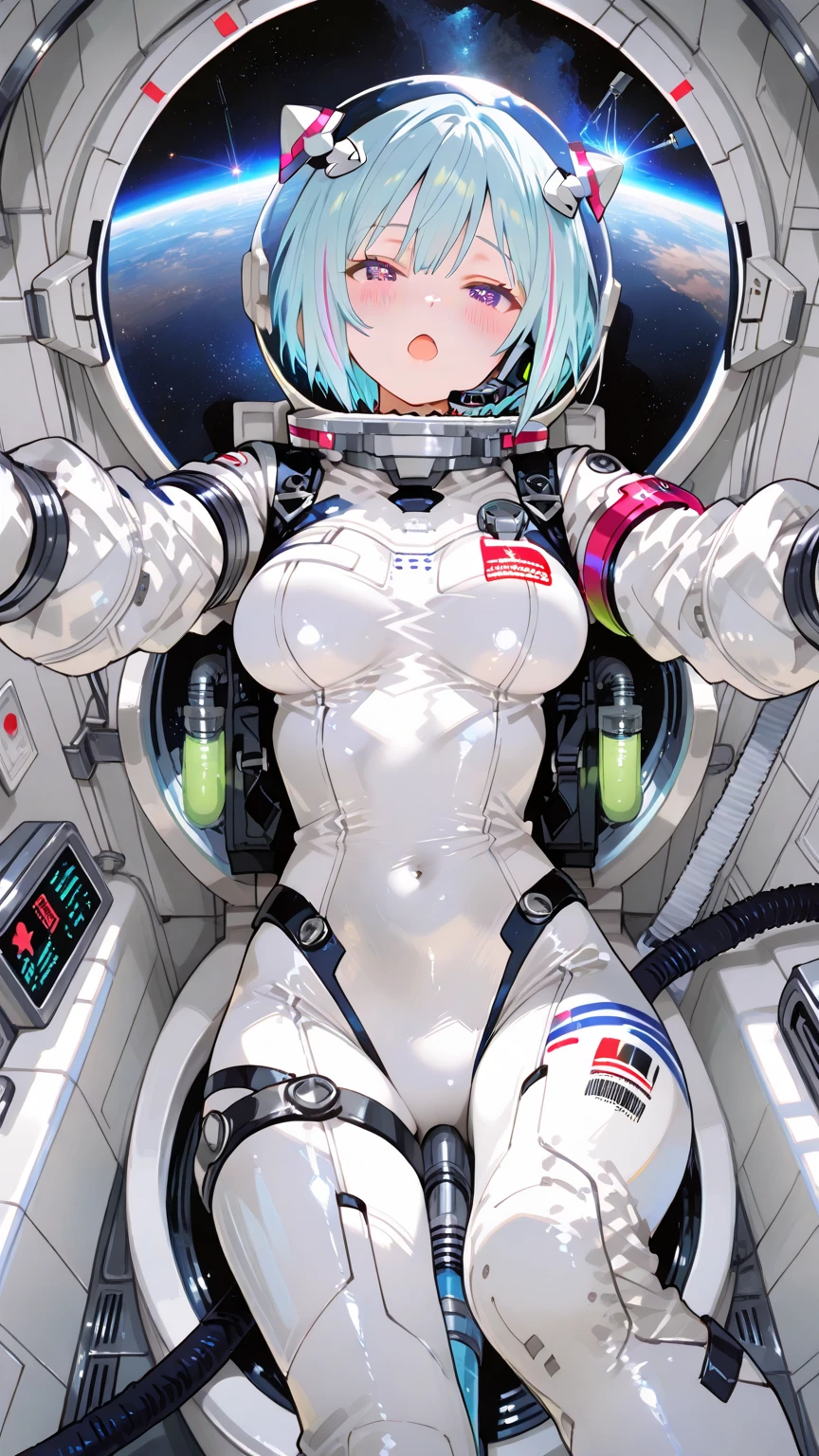 Alien girl with gigantic breasts and traverse, naked on a space station, eating an astronaut, blood in his mouth, manos y cuerpo nudes, spacecraft, view of the cosmos through the spaceship window, nudes, gore, four arms, has no lips (you can see his teeth)