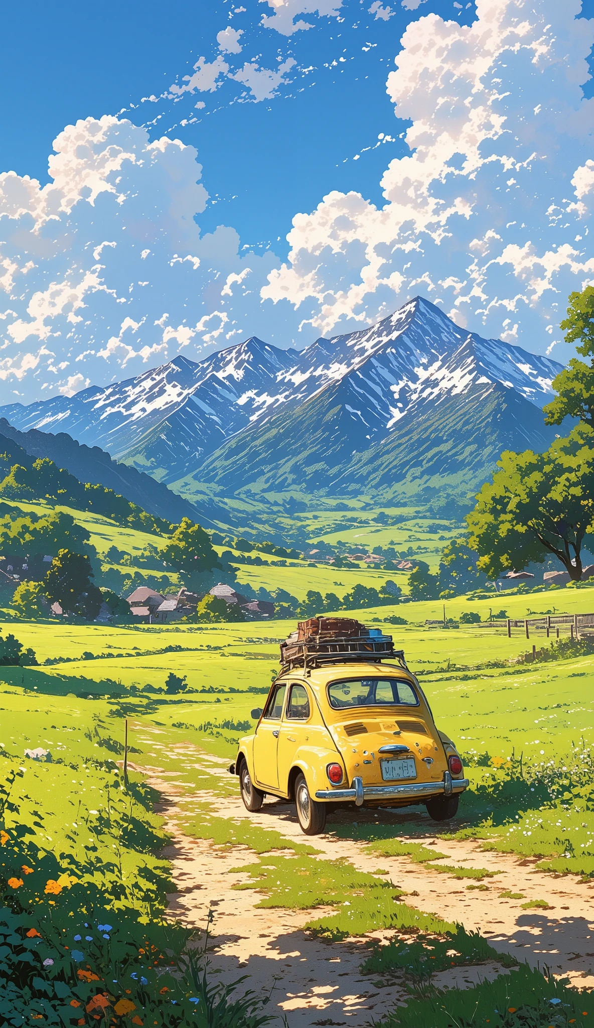 A vintage yellow Fiat 500, resembling Mr. Bean's car, driving along a rural dirt road in a picturesque valley. The car is loaded with suitcases and travel bags secured on the roof, driven by a man enjoying the journey. The scene is framed by lush green fields, wildflowers, and distant mountain ranges with dramatic peaks covered in shades of blue and green. The sky is bright with soft white clouds, casting gentle sunlight across the landscape. The illustration has a painterly, semi-realistic style with detailed textures and warm, nostalgic tones, evoking a sense of adventure and freedom