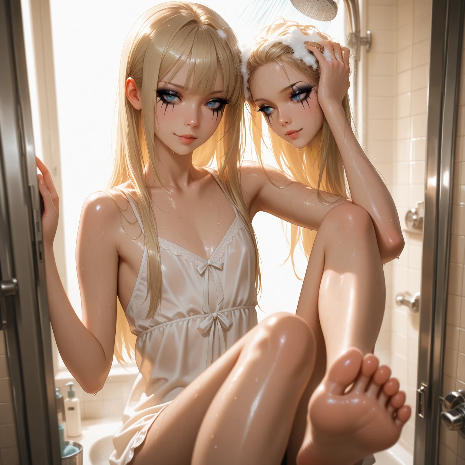 (masterpiece, Highest quality:1.2), One girl, Alone, large amounts of sweat drip from my forehead,　Overall orange background in the evening　Sunset sunlight,Full body depiction on screen,　Glaring Eyes　Showing disgust　Huddle together　Blonde Long Hair　anime　Primary school students　Romanesque style　 Super Curly Hair　Super long sideburns　See-throughの衣服　Wet and sheer pearl skin turtleneck wedding dress　３人の少女達がcuteポージング　Pool at night　Droopy eyes　Peach ribbon headband　天蓋付きのcuteベッド　Aqua Blue Rubber Sheets　Aqua Blue Rubber Bed　Lying down　Sad face　Embarrassing　Blushing　Wet and transparent pearl skin berry long skirt　Wet and transparent pearl skin tights　Wet and transparent pearl skin innerwear　Rubber luster　Multiple pink ribbons　Soaked in the rain　Wet and transparent pearl skin super long gloves　Wet and transparent pearl skin pantyhose　Hot Pink Garter Belt　cute　Pitiful　clear　Big eyes　Droopy eyes　Pale pink rouge　Shocking Pink Pink Long Boots　Wet and transparent pearl skin body　See-through　See-through　Wet　衣服が汗で濡れてSee-through　全てWet　The whole body is covered in oil and has a glossy appearance.　Steam is coming out of my whole body　Steam like a sauna room fills the entire screen.　White breath from the mouth　Highly detailed face, Perfect lighting, Highly detailed CG, (Perfect hands, Perfect Anatomy),Super detailed,　The whole body is covered in glossy oil.