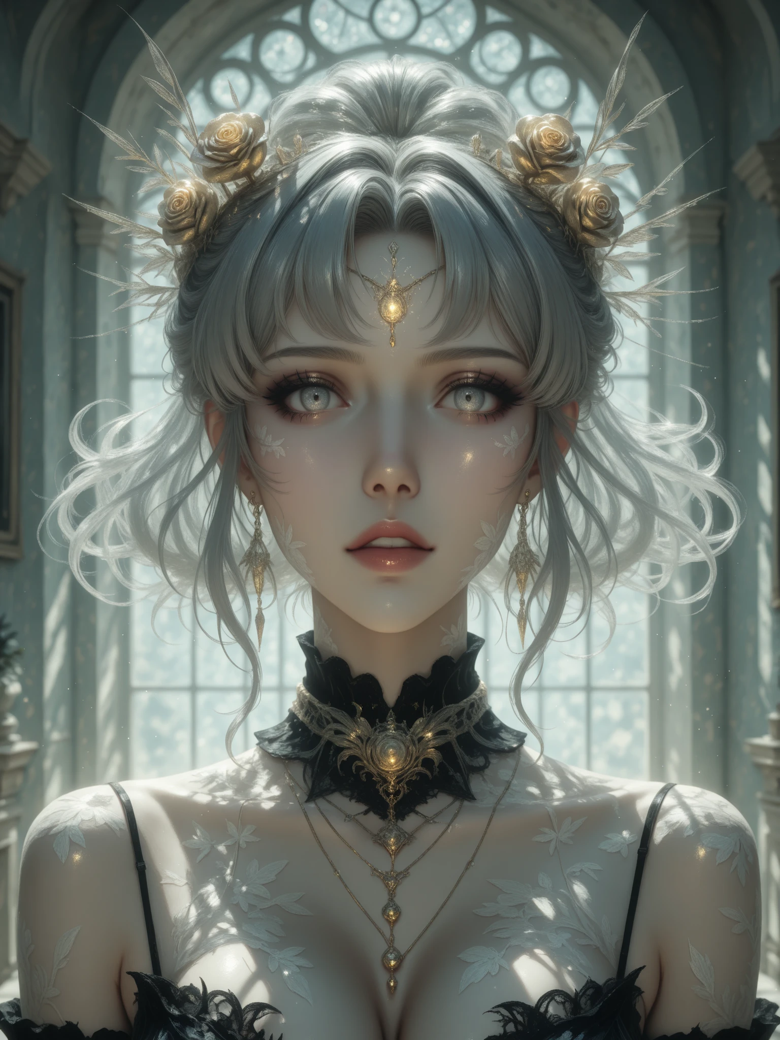 Digital painting of fair skin, ethereal gothic elven girl with long, current, grey hair, in delicate rose and gold jewelry in her hair and neck. Focus on the soft, pastel patch, and muted colors with light, whimsical style and detail, realistic facial features, with an emphasis on soft highlights on her skin and hair and complex, Subtle patterns,  masterpiece, better quality,absurd results 