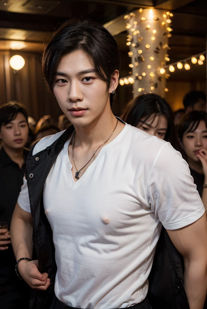 35-year-old Chinese-Japanese man, Idol and singer of a musical group a Rockstar, with a skin fade haircut with a toupee, defined abs, Cold look, similar to sid vicious