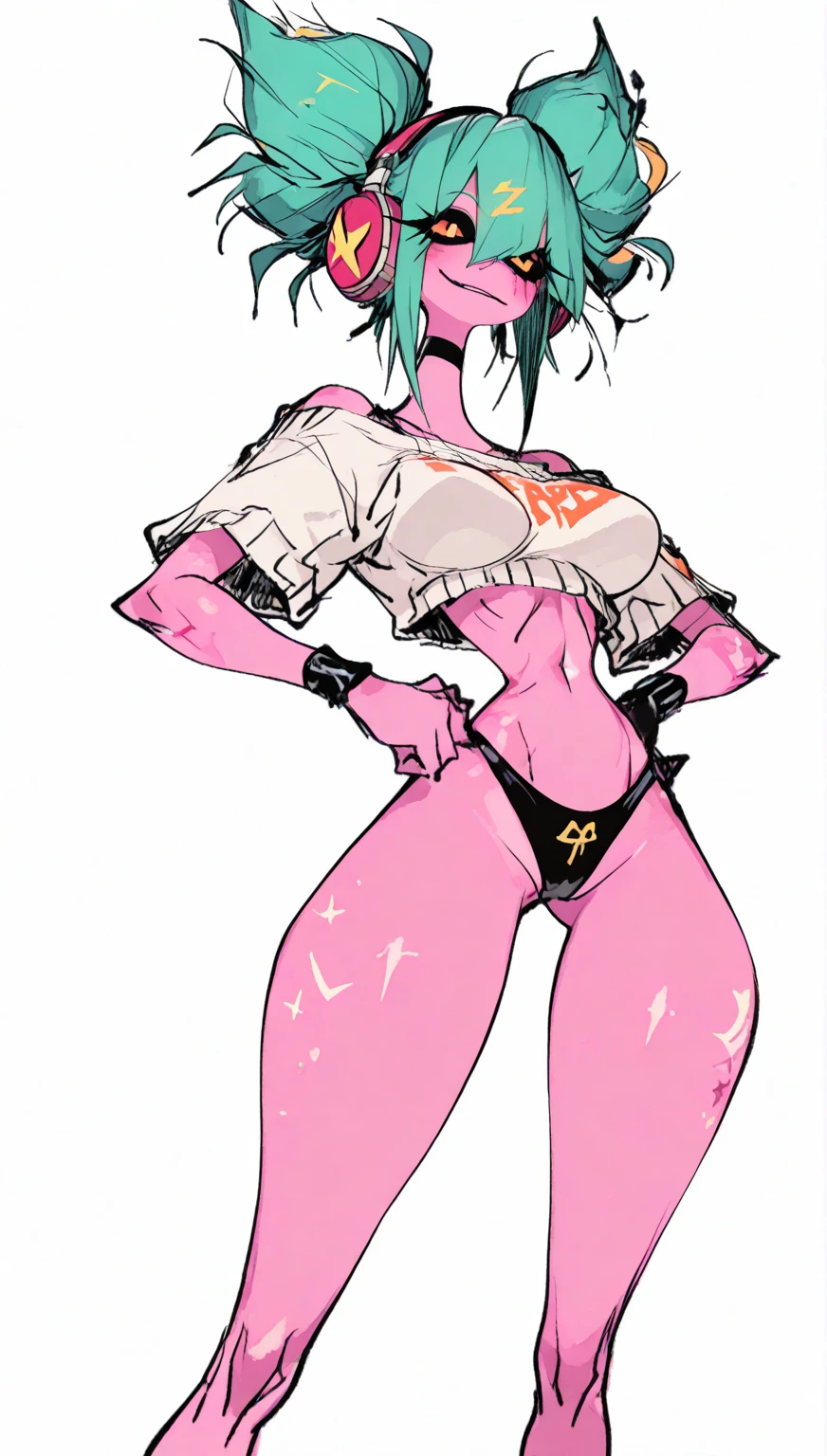 Female original character action references heet, bright pink spiky chin length hair, black bikini, character sheet, front back and side along with weapon