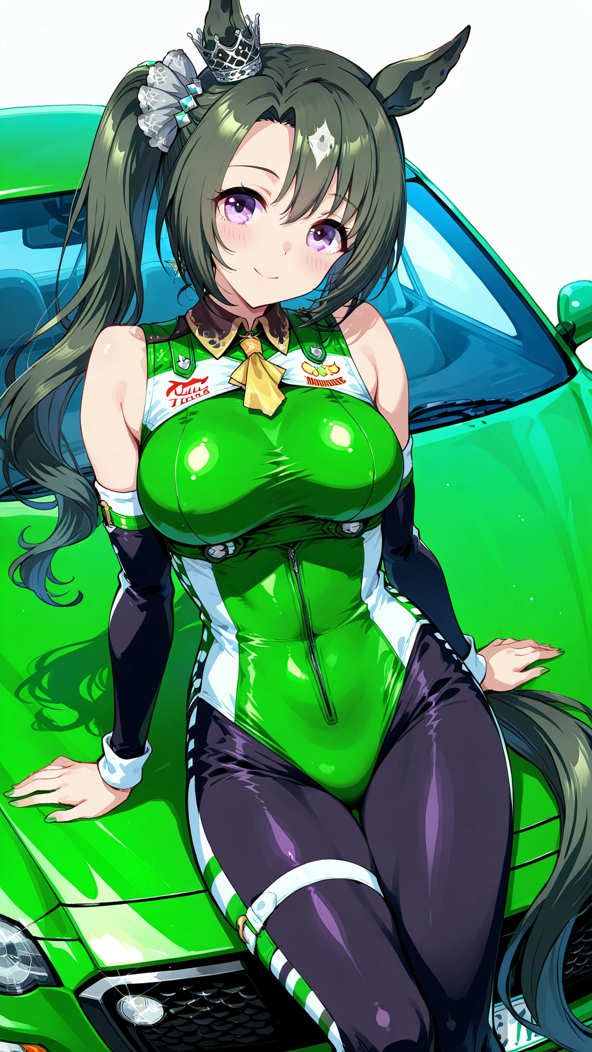 (Masterpiece), Best Quality, ultra-detailed, 1girl ( anosillus II, Slender and sexy body, Big and pretty breasts, naked body, dark green hair, brown eyes), a seductive face, smile, open mouth, solo, nose blush, blush, facing viewer, looking at viewer,  racing queen,  white leotard, long gloves,  white thighhighs,  big flag(black pattern), flag grab,  in the racing circuit, standing ,  Sexy waist teasing , a seductive pose 