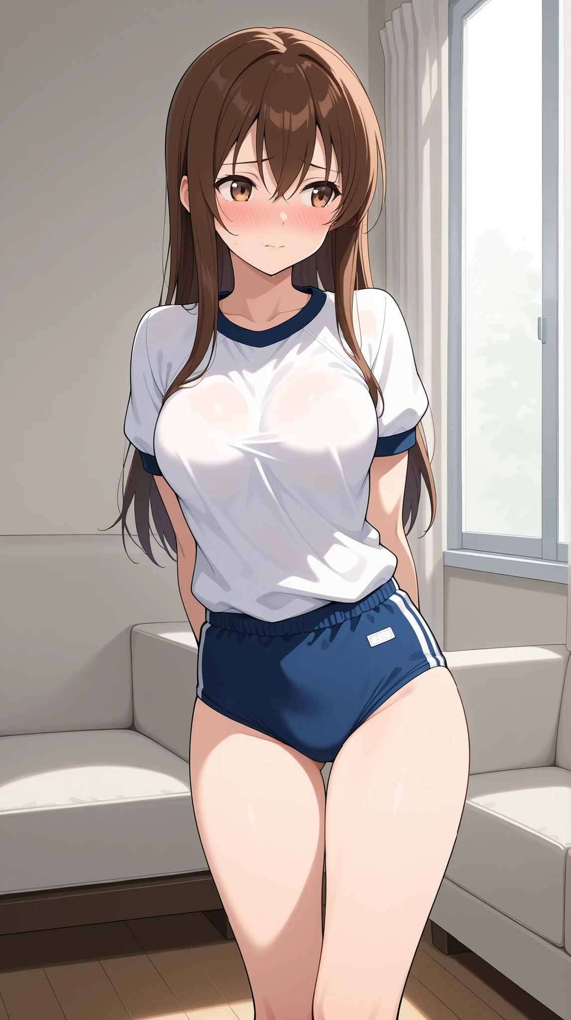 score_9, score_8_up, score_7_up, score_6_up, score_5_up, score_4_up, source_anime, anime screencap, best quality, masterpiece, 1girl, solo, exercise ball, thighhighs, buruma, brown hair, long hair, ball, breasts, blue eyes, white legwear, shirt, red buruma, white background, open mouth, simple background, large breasts, white shirt, gym uniform, looking at viewer, short sleeves, shoes, full body, spread legs, sitting, blush, sneakers, parted bangs, blue footwear, gym shirt, very long hair, forehead, sleeveless, sleeveless shirt, smile, t-shirt, thick thighs, thighs, rating_explicit