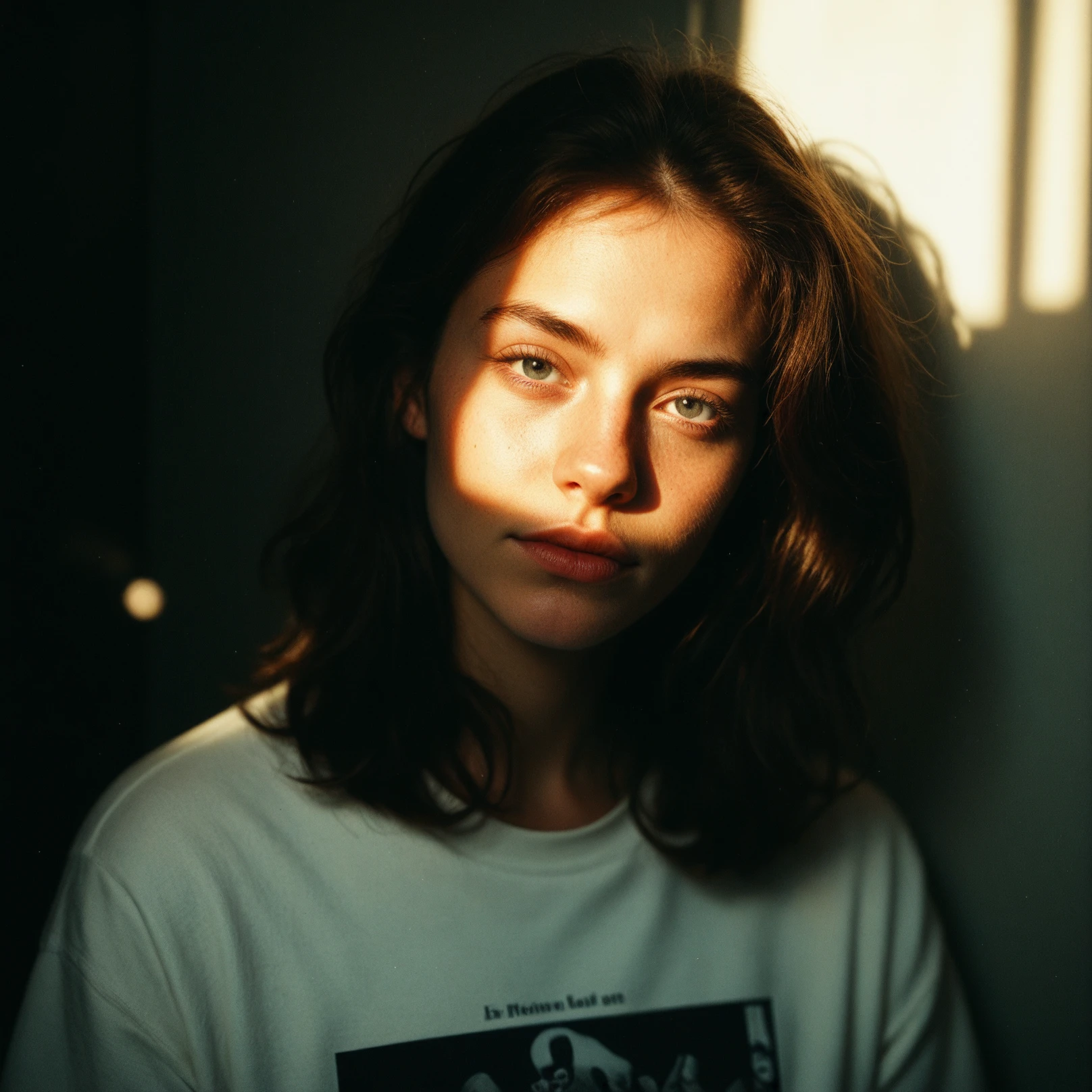 Cinematic Photo of Russian girl teasing The viewer by shyly opening her shirt with her hands,RAW candid cinema, 16mm, color graded portra 400 film, remarkable color textured skin, remarkable detailed pupils, skin noise, visible skin pores, shot on cinematic camera,full body view ,expressive eyes,veiny breast
