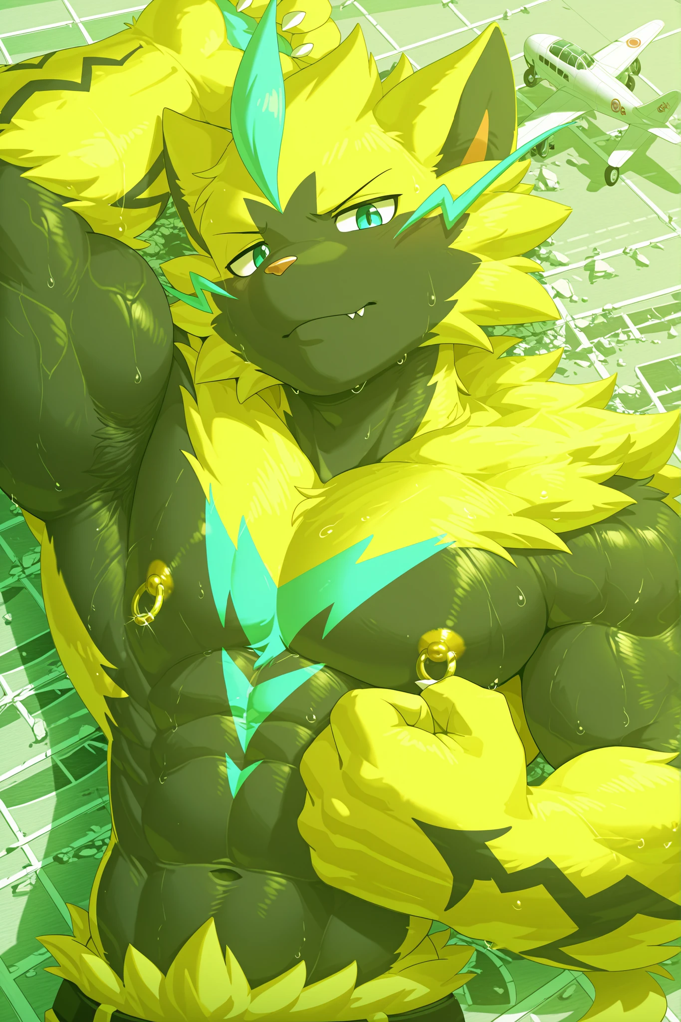 sfw,masterpiece,UHD,solo,anthro,furry,furry male, score_9, score_8_up, score_7_up, rating_safe, source_furry, kemono, bara, solo, furry, Anthro, zeraora, male, tail, fangs on lips, muscular, posing, leaning backward, huge black nipples, golden nipple rings, broad shoulders, huge arms, broad chest, yellow fur on head, yellow fur on arms, detailed background, serious, smile, one eyebrow raised, sweaty, high view, lying down, macro, airport, looking at viewer, upper body shot, flexing an arm BREAK score_9_up, score_8_up, score_7_up, score_6_up, score_5_up, score_4_up BREAK by null-ghost,broken airport plane, super detail, high details, 8k,athletic build,cg,highres,sfw,r4bb1ty,