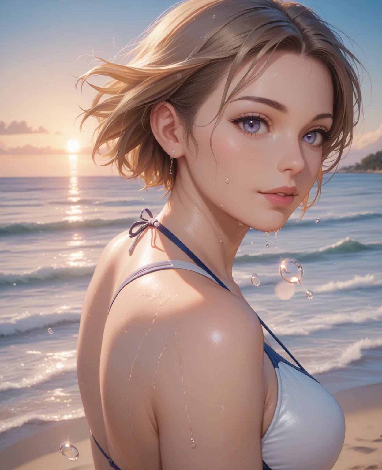 masterpiece, photorealistic:1.4, beautiful 20 year old woman, , elegant, beautiful,  blond_hair,   blonde,  sunset, short red_dress, micro_dress, sideless, slit, cleavage,  short_hair, standing,  ponytail,  smiling,   thin, slim,
  medium_breasts, bangs,  extremely detailed artgerm, photorealistic perfect body,detailed skin,beach, sunset, clouds,  leaning forward
