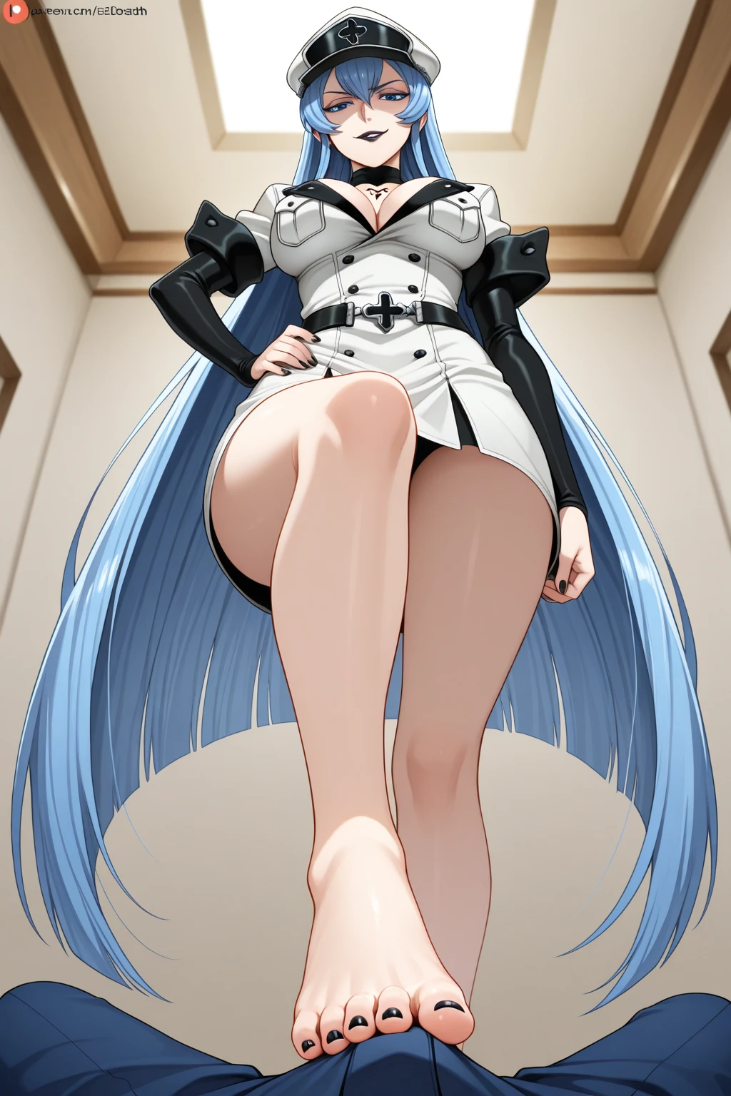 ultra-detailed, Explicit, Beautiful body, Beautiful Nose, Beautiful character design, perfect eyes, perfect face, ultra highres, 4K, beautiful legs, perfect legs, Nice hands, Perfect hand, Masterpiece, Best Quality, Highly detailed, illustration, absurdres, street fighter, doll suit, shadaloo doll, dollsuit, girls, multiple girls, expressionless, blank eyes, looking at viewer, red gloves, emotionless, black latex, corrution, mind control, female combatant, full body, hypnotized, unhappy trance, full body suit, ribbed bodysuit, both arms at side, stand up straight, obey, perfect female body, extremely glossy latex, hypnosis, hypnoLora, empty eyes, Mind control device, poses, brainwashed, submissive_pose, Slave, hat, necktie, stand up straight, standing, standing at attention, belt, extending the right arm from the shoulder into the air with a straightened hand, nazi saluting, military, military saluting, salute, right hand saluting, left hand at side, latex, garter belt, thighhighs, Katsuragi Marina,  Exs-tia, blue hair, long hair, blue eyes, headgear