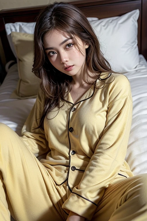 photo of a beautiful Japanese model wearing yellow pajamas, top view photograph, in bed, posing like a model