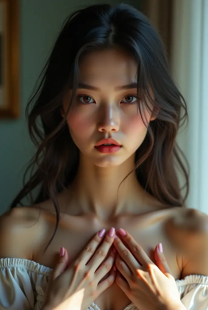 Portrait photo of 18 year old European girl, raw, Beautiful woman, Semi-open strawberry lip, Dimples, wistful look, (Extra long wavy brown hair), ((Detailed face)), ((detailed facial features)), (finely detailed skin), pale skin, (Detailed tech cyberpunk dress with deep neckline), Cyberpunk Megacity Environment, (cool color), moist, moist, Reflectors, (masutepiece) (perfectly proportions)(photos realistic)(Best Quality)  (Detailed) photographed in a Canon EOS R5, 50mm Lens, F/2.8, nffsw, (8K) (Wallpaper) (Cinematic lighting) (Dramatic Lighting) (Sharp Focus) (Convoluted), Raw photo, Raw photo, Gigachad Photos, posing for camera, Black jeans, back arms, 8K UHD, Digital SLR, High quality, Grain film, 富士XT3, Film Stock Photo 4 Kodak Portra 400 Camera F1.6 Lens Rich Color Hyper Real TextureDramatic Lighting Art Station Cinestir800 Tungsten Unreal Engine Trend, toughboy style, Ultra Focus Face, Intimidating, in a fighting position, Short messy hair, muscular, Ruptured veins, bead、(((fullnude)))