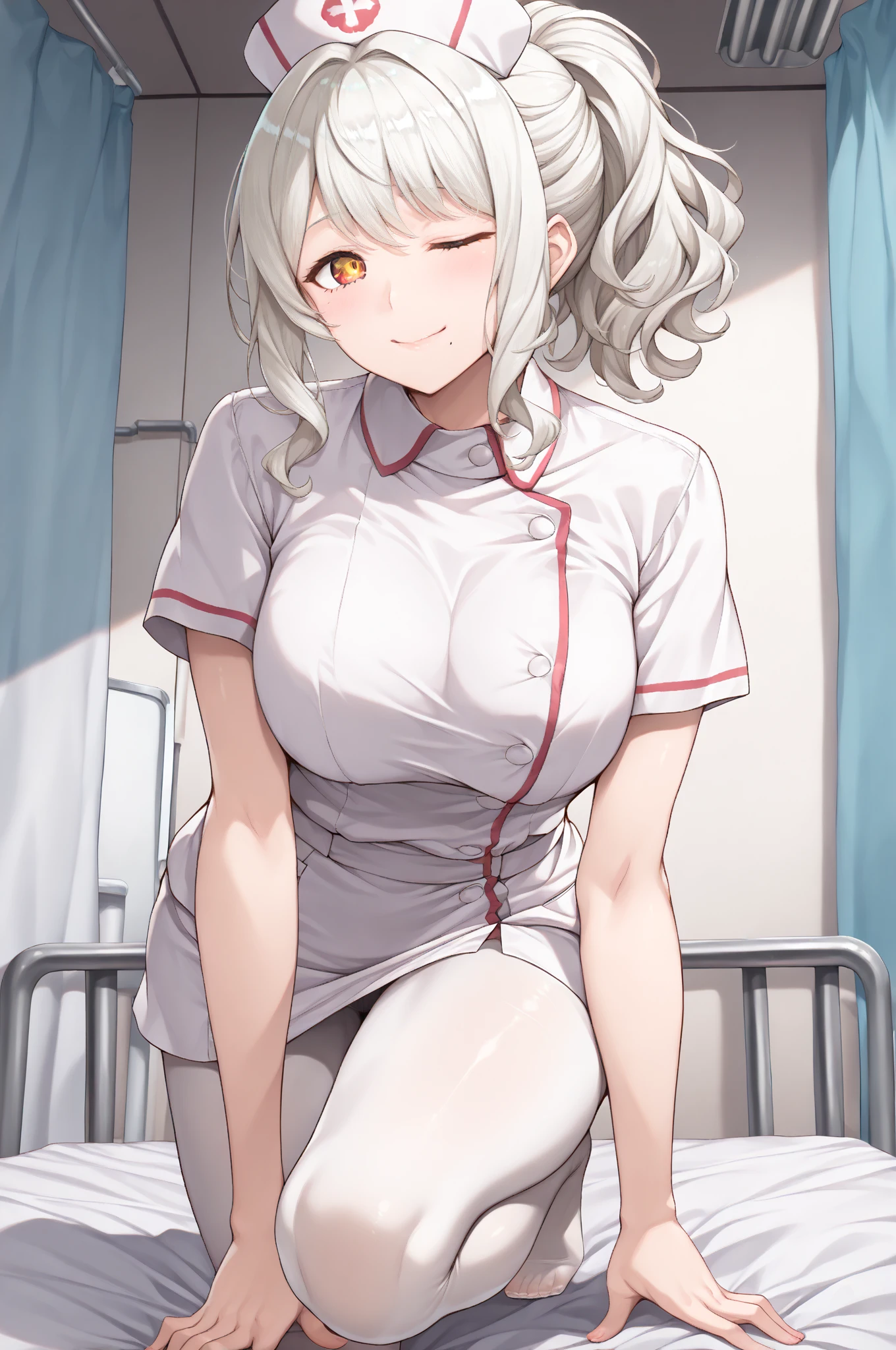 anime - style image of a nurse in a hospital gown posing for a picture, nurse girl, seductive anime girl, fine details. girls frontline, from girls frontline, smooth anime cg art, shikamimi, ecchi, clean detailed anime art, sakimi chan, nurse, guweiz, wearing a white hospital gown, nightcore, anime girl