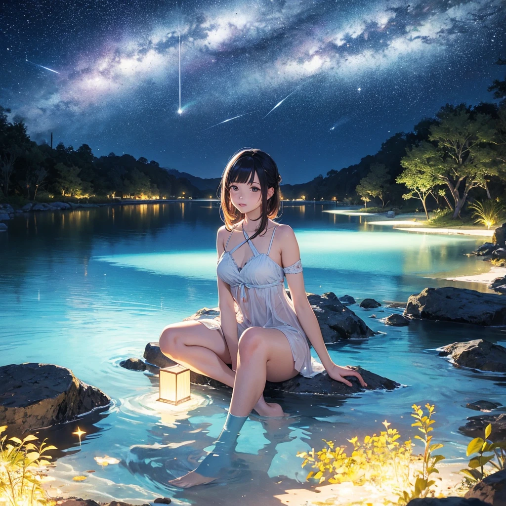 1 woman swimming naked in water pond, comply naked body ,long black curly hairy,very hairy vagina, moon ligth shinny night. Full body view, hairy arms,tan sking with blue eyes.