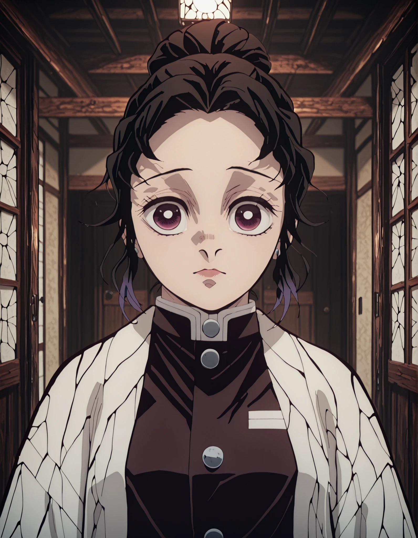 (Anime scene, character focus) A demon slayer girl stands silently, her expression calm yet unreadable. Her skin is a warm brown, subtly glowing in the soft light filtering through the shoji doors of a traditional house. Her hair, a deep reddish-black, is tied in a loose, practical bun, with short, choppy bangs framing her thin face. Her eyes—thin and piercing—display a mysterious violet hue, echoing Shinobu Kocho's venomous gaze, but with a cooler tone. She wears a standard slayer uniform beneath a striking orange haori that flutters slightly as if touched by a distant movement. The background is the interior of a rustic wooden house, with a serene yet tense atmosphere, as if danger could strike at any moment. (Rendered anime-style in 4K, the lighting captures every detail—the texture of her haori, the quiet fire in her eyes.)