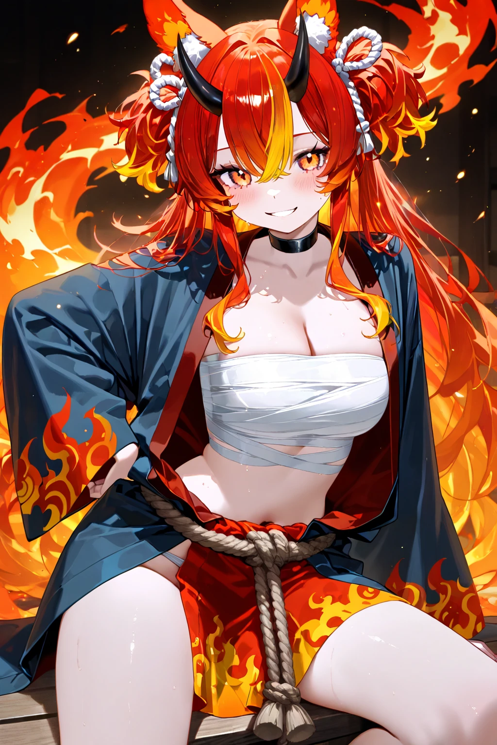 (((masterpiece))),((highest quality)),one beautiful japanese girl,pale, (A character who personifies flame: 1.5), (hair red flame:1.5)、(((my hair is like a blazing flame:1.5)))、(belly button)、(A glimpse of white skin can be seen through the flames that cover the body..:1.5),(private server), (exposure of skin),(Background is dead tree 1.5).(((from the front:1.5)))、(straight front: 1.5)、(((kneel down:1.5)))