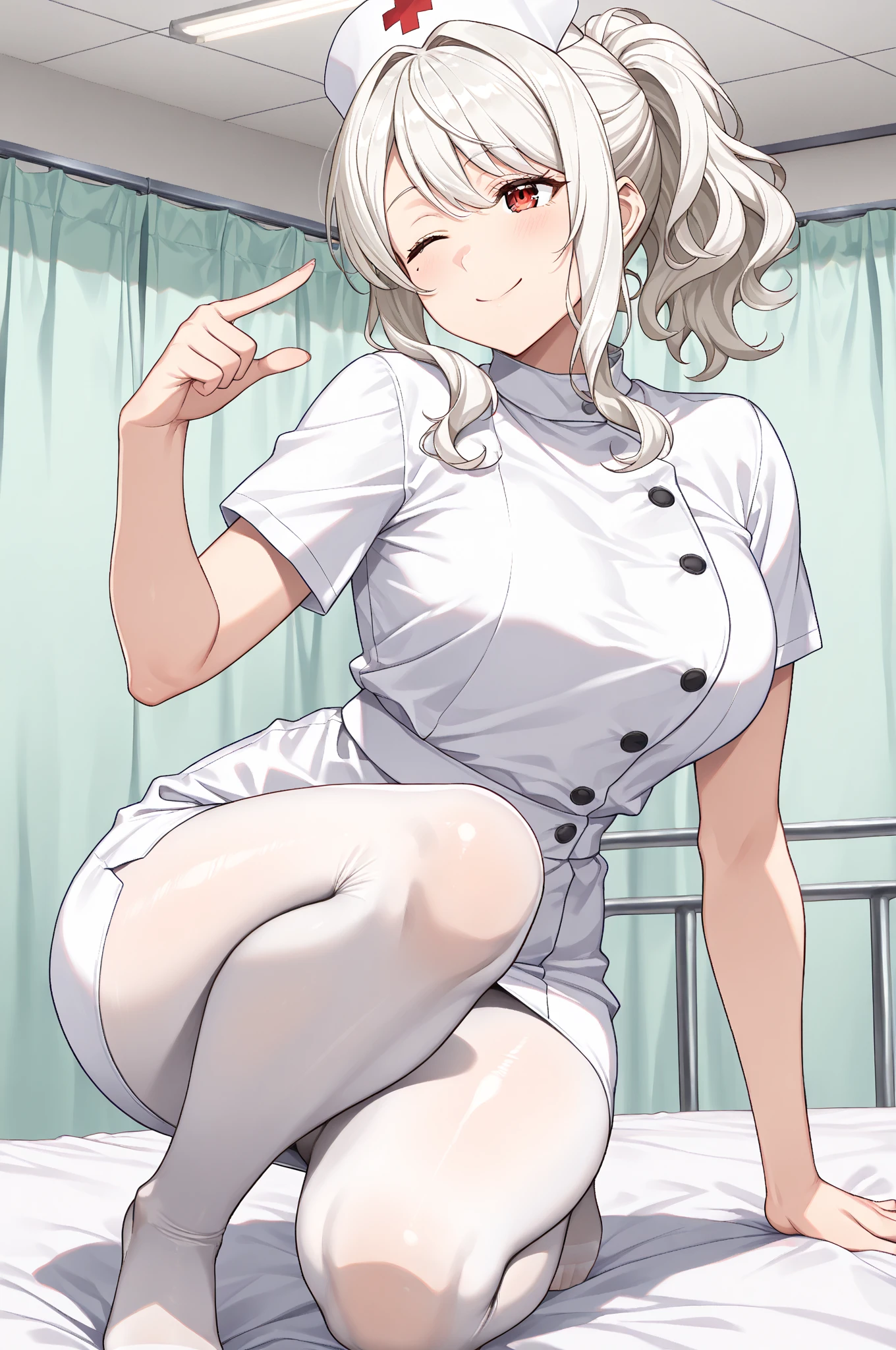 (Tabletop, Highest quality, Very detailed), One Girl, Purple eyes, Blonde Hair, Dark Skin, Twin tails、((Nurse uniform))、((White Pantyhose))、Pencil Skirt、(Bedroom)、M-shaped sitting、(Place your hands behind your head)、(Spread your legs)、(Peeing)