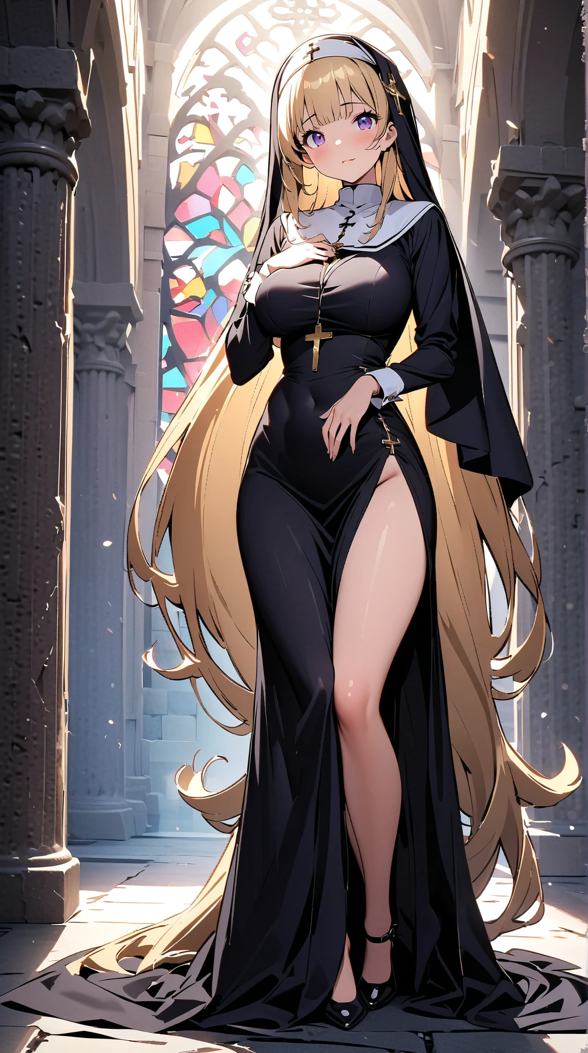 long hair, blonde hair, (dark skinned female), (nun), red eye, big breasts, Big ass, Deer antlers, large body, red brash, winter church background, smile, See-through ware,