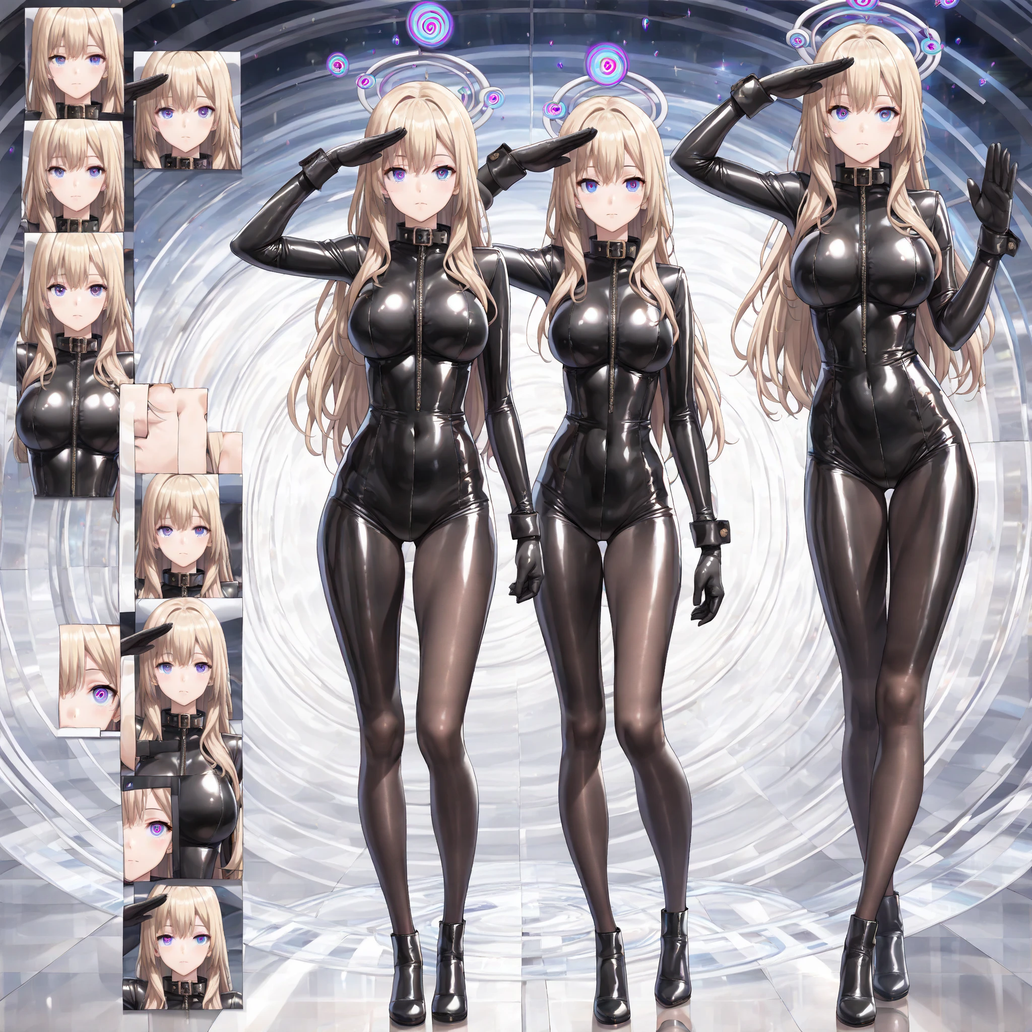 1 girl, Long sleeve one piece swimsuit, over the knee boots with high heels, wide hips, enormus breast, blonde hair, blue eyes, big ass