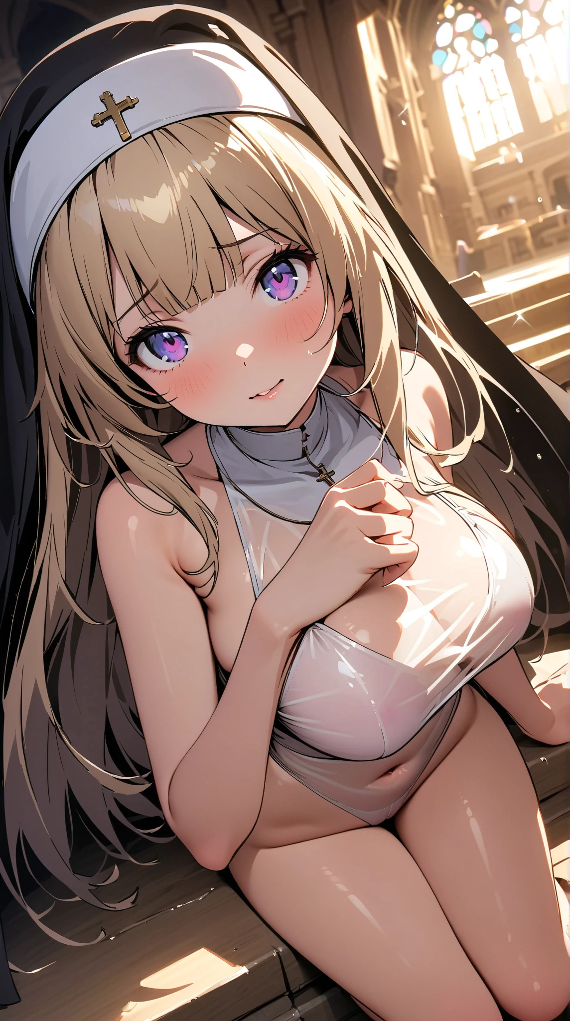 , asahinamomoko, Light brown hair, Hair Ribbon, White ribbon, One side up, Hair between the eyes, Very long hair, Pink Eyes.　, empty eyes , large breasts, nipple, Running, , Heavy snowfall area　frozen wet crying mountain Alone, Smile Naked, solo, 1girl, 