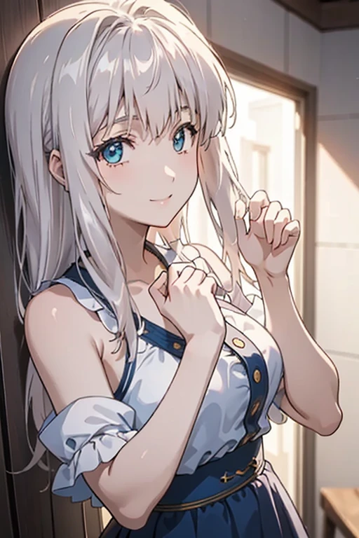 (hyper extreme detailed),(masterpeace),(hyper extreme),(photorealistic),CG,(colour:1.2), beautiful lighting,light from the front, solo,smlie, <lora:mylene_rafa_holfort:1>,mylene_rafa_holfort,sliver hair,long hair,blue hairband,hair_behind_ear,blue eyes,white long_dress,pendant,boot,