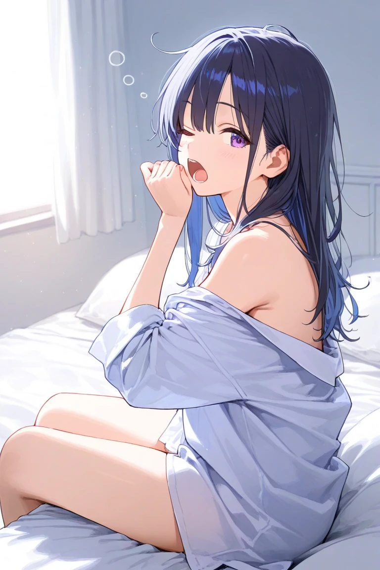 Generate an image of Hoshino Ichika from Project SEKAI. She has long, straight, dark blue hair and light blue eyes. ((Her bangs are long and side-swept)),1girl,nsfw,steam,close to viewer,full body,((masturbation)),