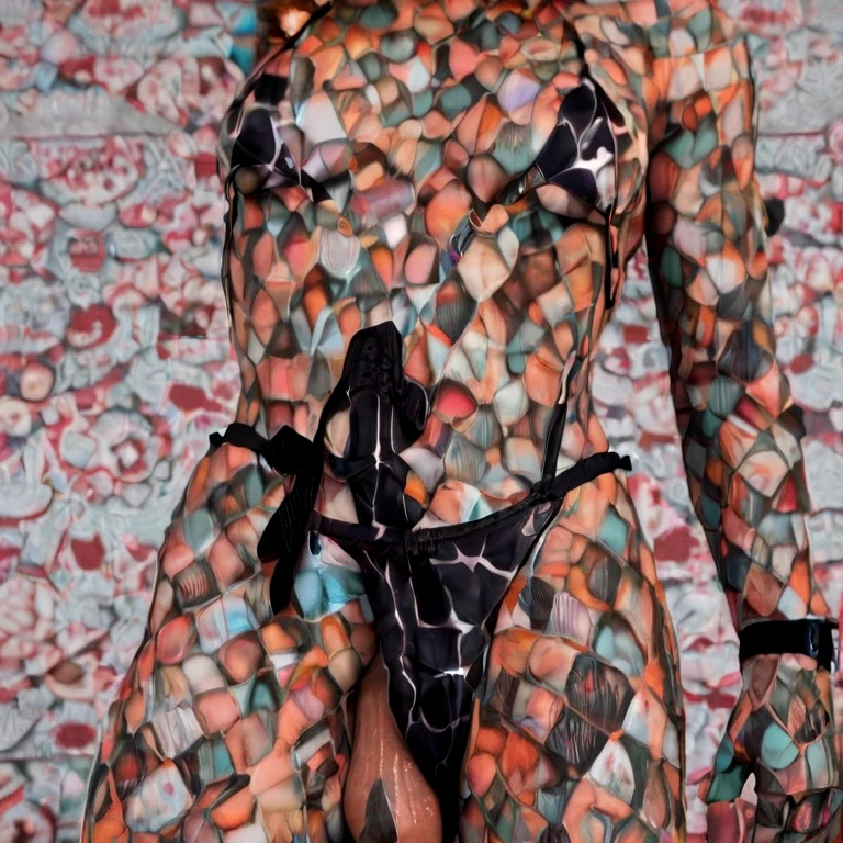 (geometric body paint photoshoot:1.5), (female model with large hips and athletic legs), (geometric and symmetrical designs), (modern and artistic poses), (studio setting), (bold patterns), (high definition), (vivid colors), (detailed textures), (highres, high quality)