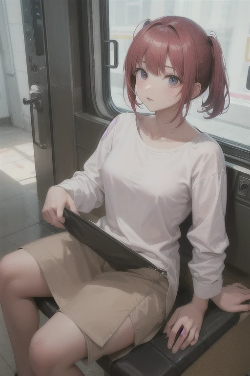 absurderes, solo, masterpiece、top-quality、Kobayashi,1 girl, white shirt, yellow tie, black pants,short sleeves、office shoes, tired, flat chest, Highly detailed body lines, in a subway car, sitting, front view, night, spread legs, hand on chest, hand between legs, wet, shy,