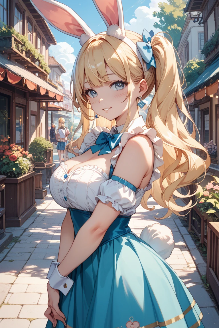 (Masterpiece: 1.2), Best Quality, (Illustration: 1.2), Eye Focus, (Ultra Detailed), Ultra Detail, (Fine Detail), (Intricate Detail), (Cinematic Light, Best Quality Backlight), Clear Lines, Solo Female, Solo Female, Perfect Figure, (1 Girl), High Contrast, (Best Lighting, Extremely Delicate and Beautiful), ((Cinematic Light)), Powerful, Absolutely Striking, Dynamic Angle, Gorgeous Background, cute Teeth, Open Mouth, mischievous smile, close-up, depth of field, close-up of a long-haired character. A cute tongue sticks out of the mouth, long hair, big breasts, short sleeves, dress, bare shoulders, braids, porcelain clothes
