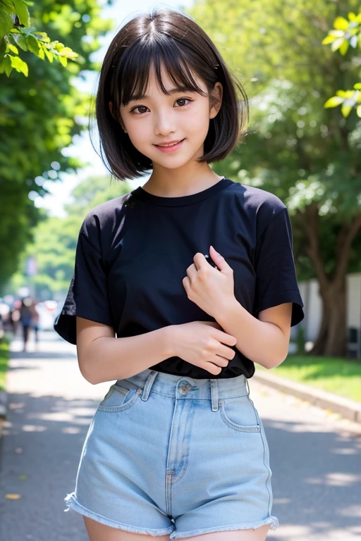 8k,Japanese,9 years old,Innocent face,Teenage Girl,cute,Random color plain t-shirt,Casual wear,Sitting,Black Hair,garden,Hair Clip,