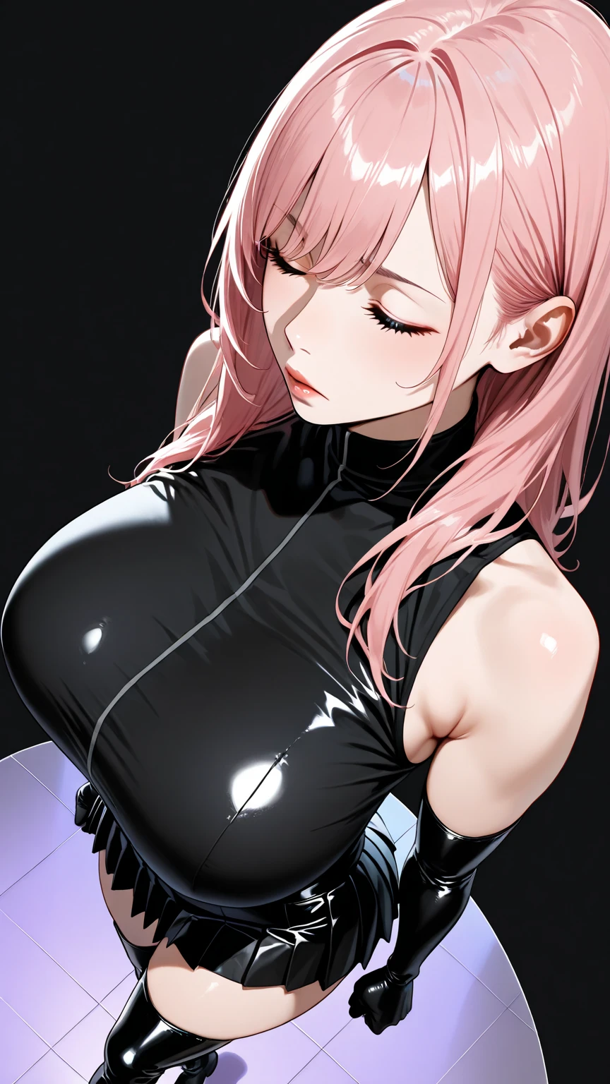 (8K, top-quality, masterpiece:1.2), (reallistic, Photorealistic:1.37), Super Detail, One girl,), (Highly detailed), (beautifully detailed eyes), (of the highest quality), (super detailed ), (masterpiece), (Detailed face),20yr old, ,1 girl, ((pink hair,long hair)), medium breasts, clothed, Perfect Lighting, BREAK, (deep bordeaux and royal blue:1.3), (shiny stretch fabric:1.2), (long sleeve plunging glossy bodysuit:1.5), (cutouts at shoulders and waist:1.3), (slim fit long pants with blue side stripes:1.4), (silver heels with ankle straps:1.2), (silver hoop earrings:1.2), (vibrant and elegant:1.2), BRAKE, (close-up shot:1.3), (from waist up:1.3), (long pink hair:1.2), (soft waves:1.1), (friendly gaze:1.2), (facing forward:1.2), (one leg crossed:1.1), (futuristic lobby with white marble:1.2), (bright lighting:1.1), (shiny and elegant:1.1), BRAKE (NSFW:1.4), (embarrassed,blush:1.3) ,(steam:1.3),(wet:1.3),(sweat:1.3),(trembling:1.3) ,(harf open eyes:1.4),(feeling weak:1.5)