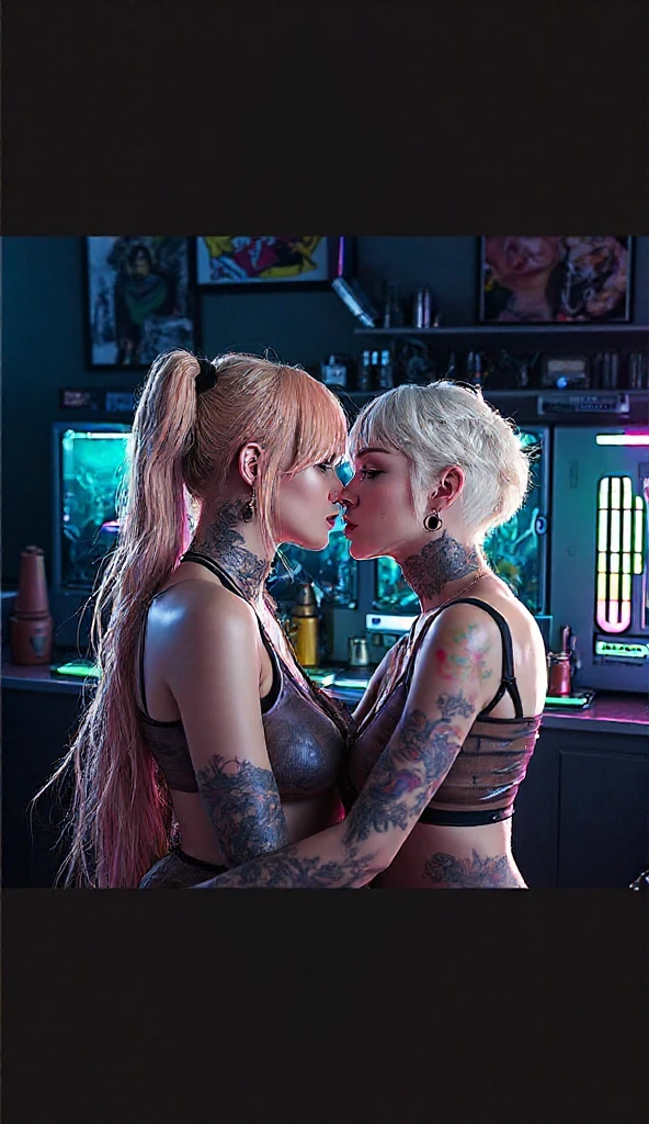 A realistic rendering of a David Wright style illustration of a very close shot, ultra close shot on the breasts of two girls, 2 pert, nubile, thin, freckled teen girls with 50s style, very short, very curly, platinum blonde hair, bows in hair, slight smile, topless, best quality, tiny breasts, bare breasts, small breasts, bare crotch, exposed crotch, pink nipples , puffy nipples , exposed nipples , wearing blue bondage straps, black, spiked choker necklace, black leather jacket, a silver chain wrapped around body, open, white blouse, white lace collar, pastel lace, pastel lace straps under nipples, pastel lace straps under breasts, open light blue, fuzzy sweater, undressing, uniform, partially clothed, sitting in a bondage harness swing, in a pink, neon lit, 1950s teen girl's bedroom, glowing blue, neon lights, full of bondage straps,, ultra close shot on breasts