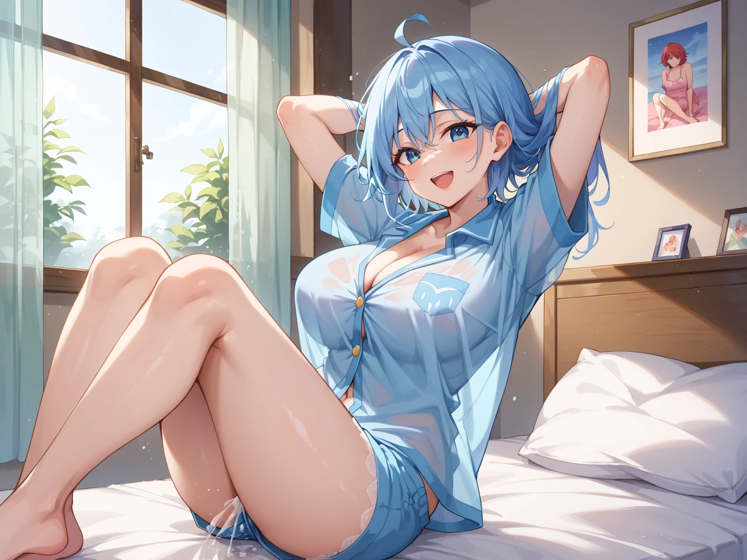 anime girl with light blue hair, Hair in a delicate blue tone, long hair, purple eyes, pony tail hair, sexy underwear dress, medium breats, mature factions, very aesthetic detail anime background bed room, lamp