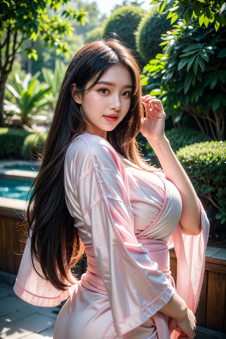 Black wavy hair big cleavage Japanese girl standing next to sakura tree pink leaves falling from tree girl smiling 8k quality close upAçık mavi deseniz südyen giyiyor
