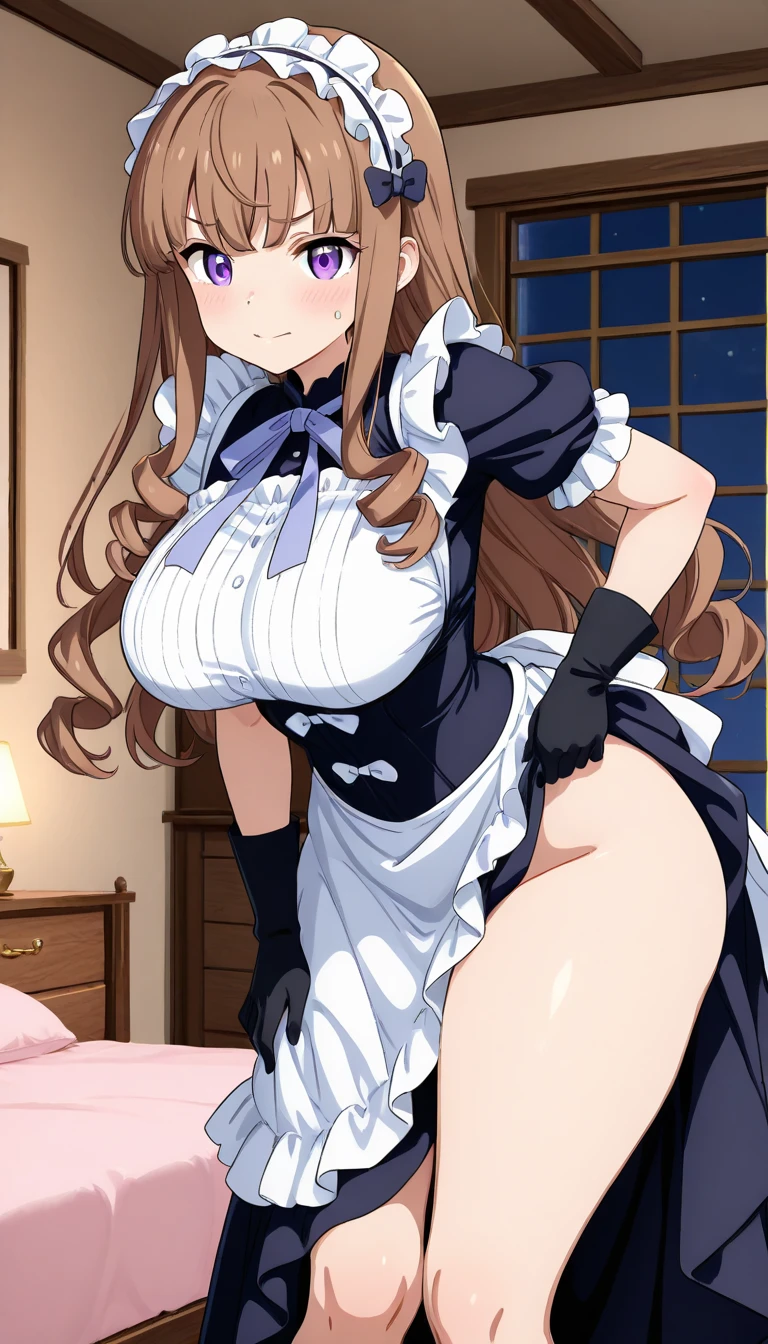 ((nsfw, nude, topless,show off nipple,highest quality,aroused,beautiful busty,beautiful pussy, masterpiece, High resolution)),1girl, solo, Super huge breasts,plump,Whipped thighs,all body, portrait, ahoge, sidelocks, wide sleeves, hair over one eye, ((((maid,)))),(((spread legs,bitch,,bedroom,sensual pose,garter straps,breasts blowjob,looking at viewer,masturbation,huge nipples,pink pussy,stockings,smail,spread pussy,pubic hair))), long sleeve