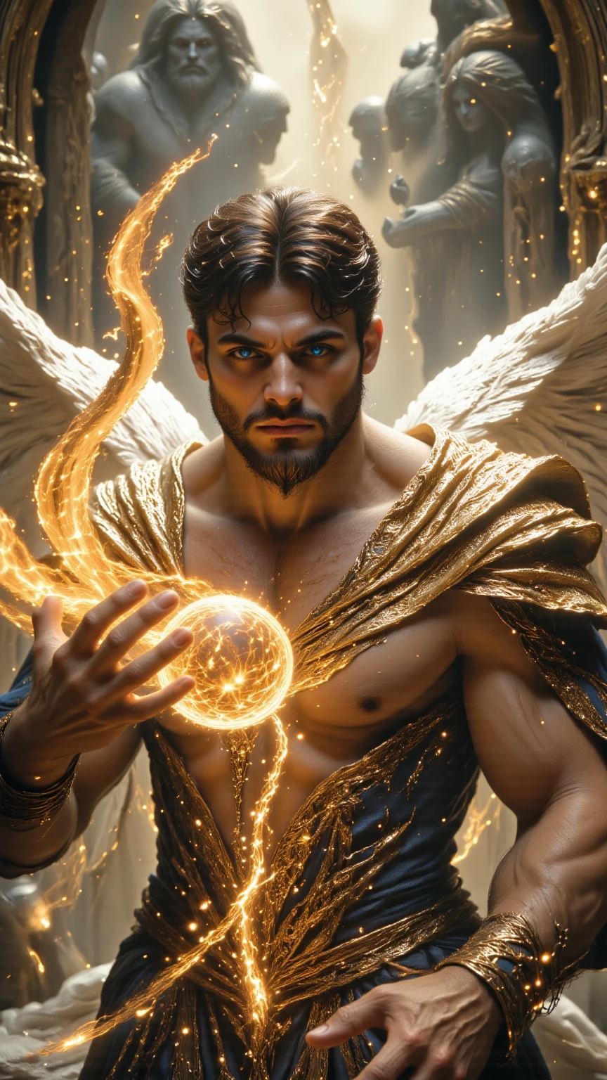 Handsome man with fairy wings, young, muscular, with a mystical background, with energy in the hands