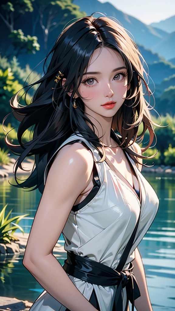((highest quality)),(ultra high resolution),(Super detailed),(detailed description),((best CG)),(best work of art),super precision art,great drawing art,(Fashion art with precise details:1.5), (1 female model:1.7),(beautiful and well-shaped face:1.5),(off shoulder t-shirt:1.5),cleavage:1.5,(avert your eyes:1.6), street:1.5,open terrace:1.3