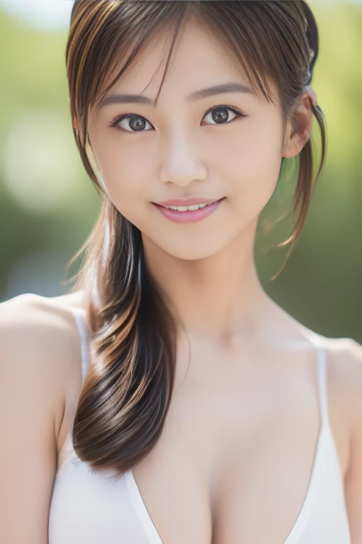 ((((masterpiece、Highest quality、High resolution、Tabletop、wallpaper、Realistic、Bright lighting、Professional Lighting、Face Light、Smooth lighting、Japanese women、Beautiful woman、action、gravure、sexy、so beautiful、Beautiful Skin、Beautiful and exquisite、Detailed face、slim、Looking into the camera、Cleavage))))、((Big Breasts:1.4))、((((japanese,20-years-old,One woman,outdoors,Looking into the camera:1.5)))),smile,close mouth