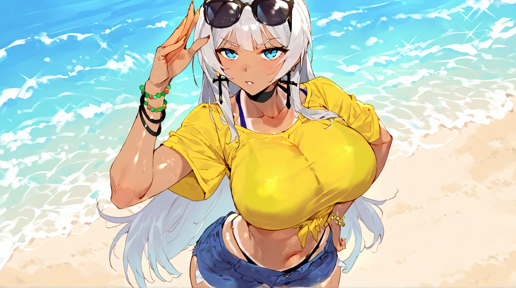Anime illustration ((((neo)))) 、highest quality、A short and plump high school girl、hot pants、Sandy Beach、Perfect proportions、overwhelmingly big breasts、Beautiful, shining eyes、Blushed、smile、Cowboy Shot,  (((SILVER HAIR))) (((SILVER HIGHLIGHTS))) 