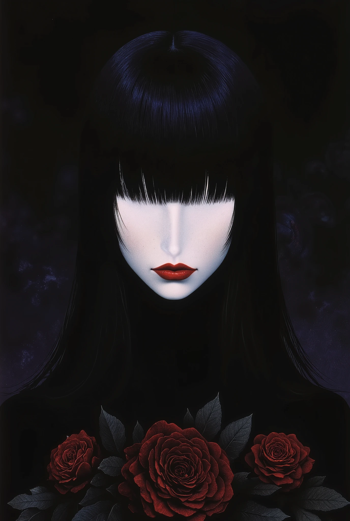 Face portrait of a pale skin girl , black hair cut bob, thin lips with red lipstick, He has no eyes or nose, Only her lips, bottom: Black roses, red and purple.
