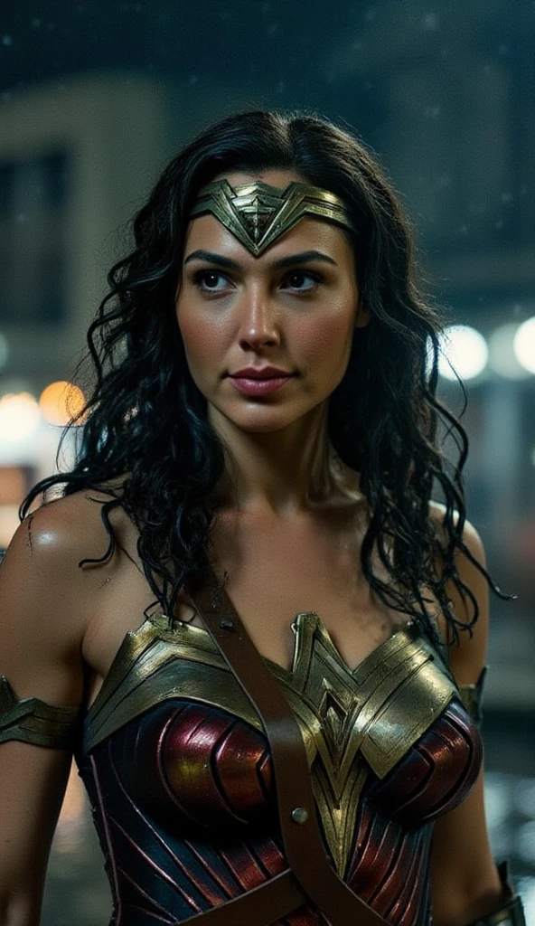 (best quality)), ((master part)), ((Realistic)), (circunstanciado, fotorrealista, ultra-detalhado, Absurdo), 1mulher Wonder Woman, cabelos longos, thin lips , olhos e rosto detalhados, rosto perfeito altamente detalhado, vestindo fantasia de mulher-maravilha (lora:Wonder woman:1.2), casa, interior, cama, noite escura, night the moon, Front view, Top-down view, cama, na cama,