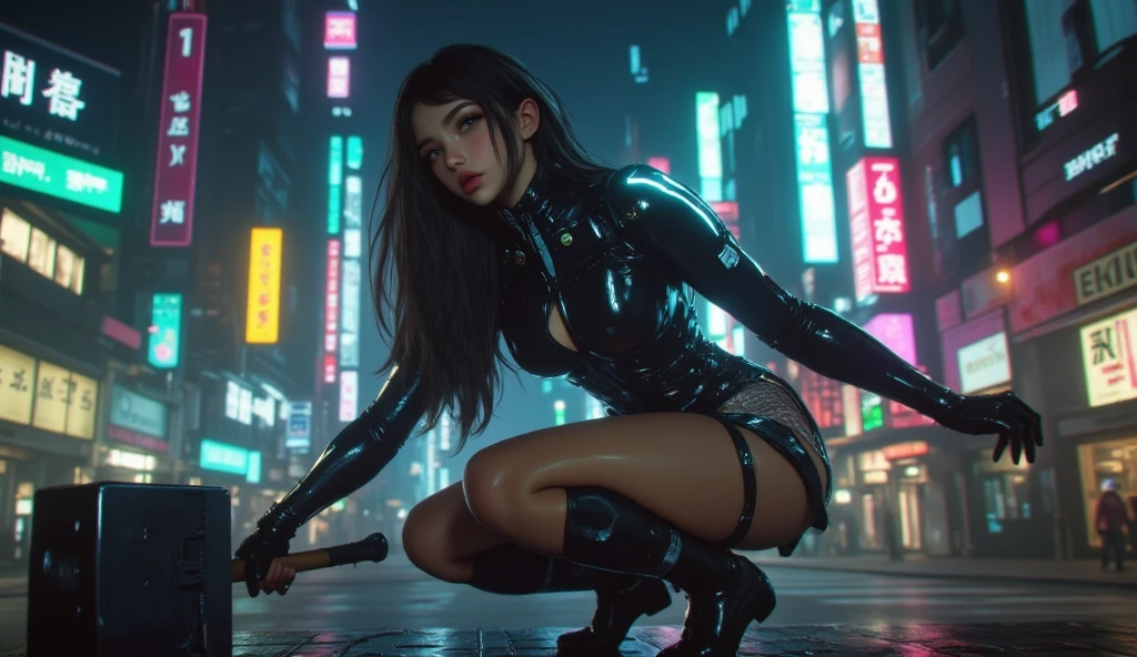 NSFW,​masterpiece,3D、realisitic、Ultra Micro Photography、((1 female))、28 year old,((frombelow:1.5))、dynamic ungle、Full body:1.3、Standing:1.3,best qualtiy、Ultra Detailed CG Unity ,8K,Wallpaper,intricate-detail、amazing shading, Perfect face,intricate detailes、,Glossiness,Tall and glamorous perfect proportions、reika\(Gantz\), reika\(body suit\), reika\(coat\),Feminine、ass visible through thighs,Detailed body、(A detailed face: 1.1)、Smaller face,(Outline of the iris)、(Hydrocore Lens)、(Perfect eyes)、Beautiful fece、Looking at Viewer,thin lipss:1.1、thin and sharp pale eyebrows,、eye line,long dark eyelashes、Double eyelashes、Dark eyeshadow,((battle posture:1.2、Fight with a long black giant Japan sword,Shoot a big gun,battoujutsu stance,arma)),(Colossal tits)、(Bodysuit Details,Very thin and tight high-gloss black holographic leather:1.1,Glossy High Gloss Black Latex Bodysuit,Black Gloves),clong legs,pin heels,Slender and muscular,、Muscular abs,Visible Pore、Pose Seductive、Floating hair,Black theme,((Erect,Huge ,show off nipple,Cameltoe,vulvashaped,Sexy and dynamic model poses,Cool pose)),glistning skin,Sweat,(underboob, perfect hand:1.5、((back lighting,Foggy,steams,Underworld,Dark back roads,Ruins,Destroyed city,Midnight Shibuya,cyberpunked,电影灯光,Exquisite lighting and shadow background crowd,))、wet street surface,DSLR Harp、Maximum clarity and sharpness、optimal ratio of four fingers and one thumb