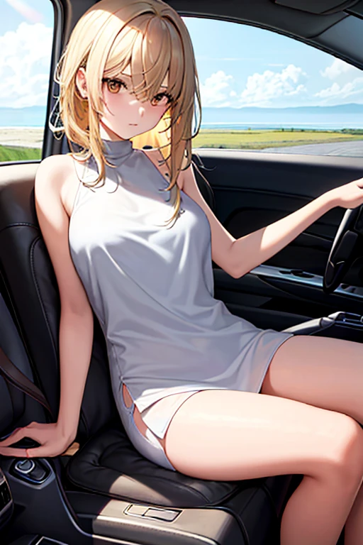 detailed illustration, dynamic angle, ultra-detailed, illustration, 1girl, teen, medium breasts, red bikini, short blonde hair, brown streaks in hair, dirty blonde, brown eyes, black eyeshadow, eyeliner, thick eyeliner, pink lipstick, sitting in car, medium breasts, tight black shirt, lazy, bitch, tease, 