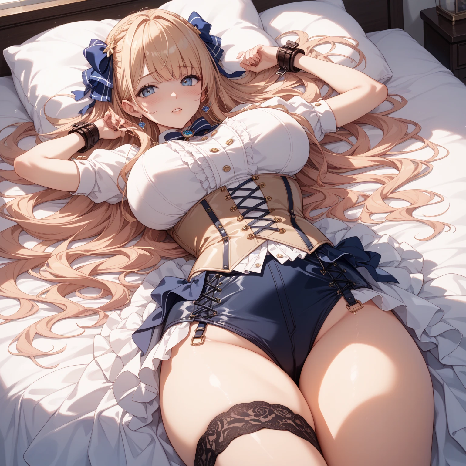 debris flies, highest quality, Highly detailed CG Unity 8K wallpaper, sexy witch , long dark blonde wavy hair、off shoulder knit, dark blue pleated skirt, stockings、medium breasts, saggy breasts, Pose that emphasizes the chest, blush, shy smile, bare shoulders, (pink lace panties、open your legs wide、please open your knees)、、nice magic book、church bed、lying in bed、stick out your butt、、Red and black bra