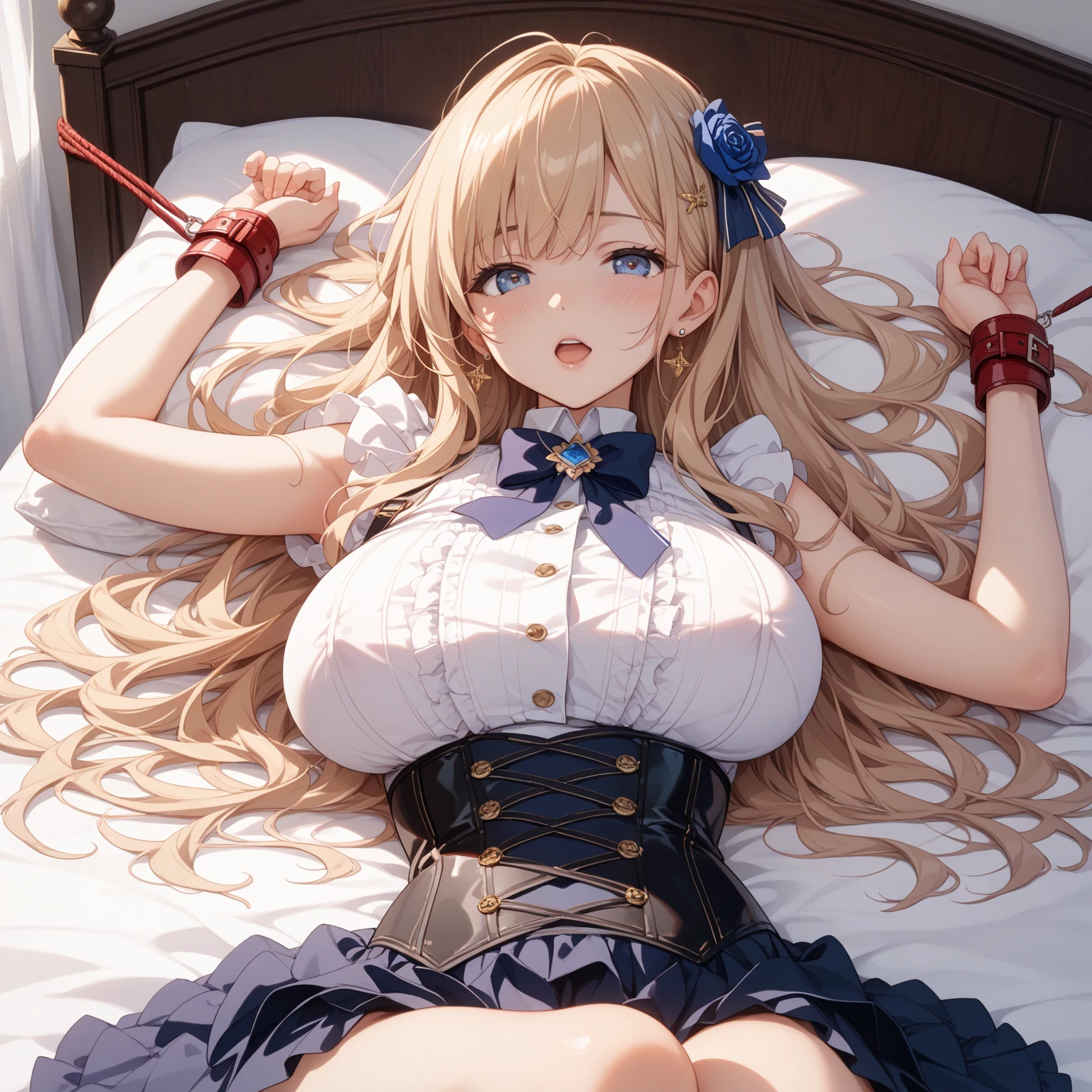piperBS, 1girl, blonde hair, hair bun, blue dress, puffy sleeves, short sleeves, pink gloves, fingerless gloves, pink belt, shoes, blue footwear, ((((gagged)))), cute and blushing 18 years old anime girl, look away because she is embarrassed and blushes, bright blue eyes, detailed face, detailed members, detailed arms, detailed hands, ((((sparkling diamond jewelry)))), tiara, ((makeup)), high heels, puffy sleeves, long gloves, long eyelashes, Girl lying, tied by ropes, shackled, can no longer move, tied tightly, very hard tied up with lots of ropes, hampered by so many ropes that she can no longer move, bound hands and feet, ropes tie his whole body, tied extremely tightly and forcefully to her bed by a lot of ropes, its limbs are strongly tied together by ropes, his torso is tied up with thick cords, her chest is so tied up with ropes that it sticks out, her legs are tied tightly with thick ropes, his hands are tied behind his back with ropes, she can no longer move her feet, her hands which are tied by thick ropes, she desperately tries to free herself, likes to be tied tight with big ropes, likes to be immobilized by big ropes, lying down, his hands and feet are strongly tied to the railing of his bed, his legs are pressed together and tied with ropes, its limbs are held vigorously by imposing ropes, her hands are tied securely behind her back by ropes, her chest is compressed by strong ropes, she is pressed against her bed and restrained by large ropes (shibari, arms behind the back:1.4), (hands on the back), (masterpiece, best quality) 1.5, 1girl, solo, (sexy, beautiful woman, perfect face, perfect eyes, perfect hands), samus aran, (shibari, arms behind the back:1.4), (hands on the back), Spread the legs, s' ((lie in bed by big ropes)), ((close up of the girl)), ((((lie in bed)))), ((((bedroom decor:1.4)))), ((((realistic decor:1.4))))
