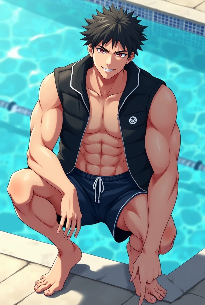 Chico, joven, musculoso, fornido, espalda ancha, free!, sousukeyamazaki, sousuke Yamazaki, pelinegro, ojiazul, nadador, swimsuit, apretado, mojado, piscina, sensual. HD, full color, detallado, obra maestra, masculino, varonil, bulto