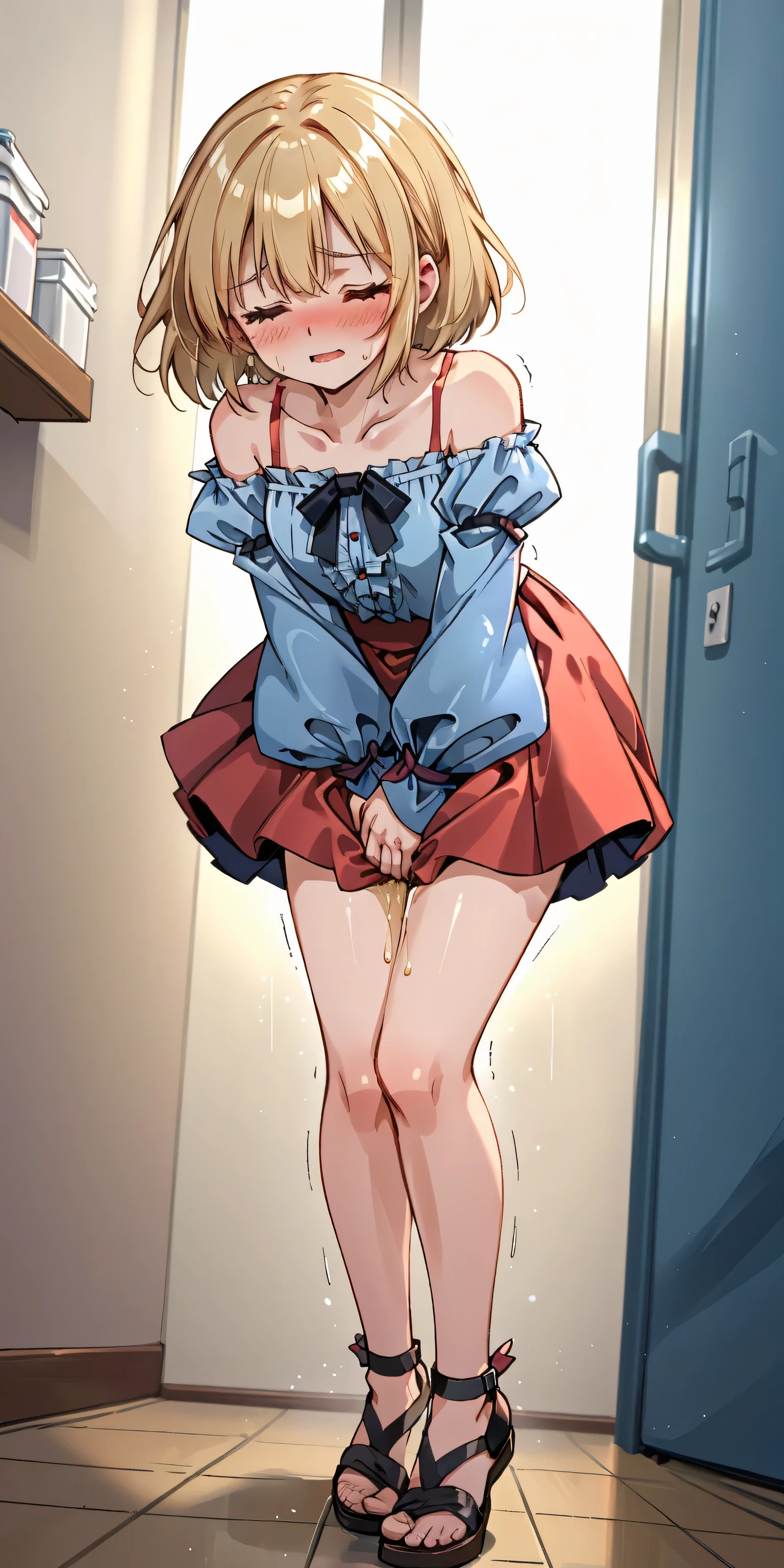 (ultra-detailed, best quality, anatomically perfect body), full body, (small breast:1.3), shiny skin, (Various girls), girls from 15 to 25 years old, (have to pee:1.1), (urge to pee:1.3), (only one person peeing self:1.2), (very desperate to pee:1.2), bladder full, (restroom entrance), (waiting for restroom with line of girls in queue), (standing), (Each one has a different winter outfit), (Each one has different maxi skirt:1.4), (Each one has a different boots:1.1), (Each one has a different hair), various bag, (knees together and feet apart:1.3), (Rub each other's thighs:1.3), (leaning forward), one hand between legs, (holding the crotch:1.5), (stroking own abdomen:0.9), (stroking one's own thighs:1.5), (blush:1.4), (embarrassment1.5), (impatience:1.7), (flustered:1.4), (fidgeting around:1.1), (flowing sweat), (erotic body twist:1.4), (panting:1.4), (breathless:1.3), (closed eye), parted lips, ecstasy, looking away, looking down, (crisis:1.2), (from side:0.8), (from below:0.6),